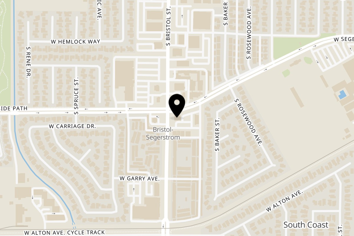 Map showing the location of I Heart Pancakes Santa Ana on 3001 S Bristol St in Santa Ana